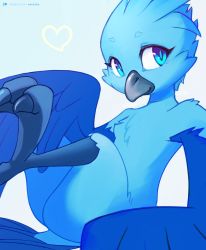 Rule 34 | 1girl, absurdres, ancesra, artist name, beak, bird girl, bird legs, bird tail, blue background, blue eyes, blue fur, blue hair, blue theme, blue wings, body fur, claws, closed mouth, completely nude, feathered wings, female focus, flat chest, furry, furry female, gradient background, hand up, happy, heart, highres, leg up, looking to the side, nude, patreon logo, patreon username, personification, short hair, simple background, sitting, smile, solo, tail, twitter, twitter bird, watermark, web address, winged arms, wings