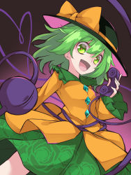 Rule 34 | 1girl, :d, black hat, blouse, breasts, commentary request, cowboy shot, eyeball, floral print, frilled sleeves, frills, gradient background, green eyes, green hair, green skirt, gyuunyuukeepaa, hair between eyes, hat, hat ribbon, heart, heart of string, highres, holding, holding phone, koishi day, komeiji koishi, long sleeves, looking at viewer, medium hair, open mouth, phone, print skirt, purple background, ribbon, rose print, shirt, simple background, skirt, small breasts, smile, solo, third eye, touhou, yellow ribbon, yellow shirt