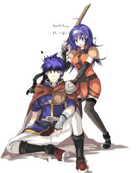 Rule 34 | 1boy, 1girl, :d, ahoge, annoyed, bad id, bad pixiv id, belt, black thighhighs, blue eyes, blue hair, boots, cape, detached sleeves, echizen (hvcv), fingerless gloves, fire emblem, fire emblem: path of radiance, fire emblem: radiant dawn, gloves, green eyes, hairband, headband, highres, ike (fire emblem), long hair, mia (fire emblem), musical note, nintendo, open mouth, pants, shoes, simple background, smile, sword, thighhighs, translation request, weapon, white background, white pants, wooden sword
