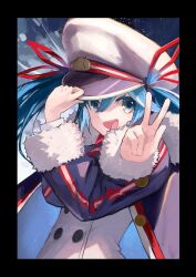 Rule 34 | 1girl, black border, black coat, blue eyes, blue hair, border, buttons, coat, commentary, crossed arms, double-breasted, fur-trimmed coat, fur-trimmed sleeves, fur trim, hair ribbon, hand on headwear, hat, hatsune miku, highres, jacket, long hair, looking to the side, military uniform, naval uniform, open mouth, peaked cap, red ribbon, ribbon, smile, solo, star (sky), teeth, toriatamastudio, twintails, uniform, upper body, upper teeth only, v, very long hair, vocaloid, white hat, white jacket, yuki miku, yuki miku (2022)