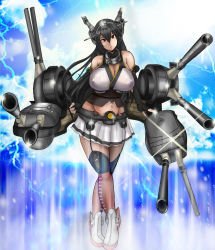 Rule 34 | 10s, 1girl, antennae, bare shoulders, black gloves, black hair, breasts, cannon, cleavage, collar, covered erect nipples, dress, elbow gloves, female focus, fingerless gloves, garter straps, gloves, hair ornament, highres, hitoya hayai, huge breasts, kantai collection, lightning, long hair, midriff, miniskirt, nagato (kancolle), navel, nipples, red eyes, see-through, shoes, skirt, skirt set, solo, standing, tank top, thighhighs, weapon