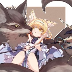 Rule 34 | 1girl, absurdres, animal ear fluff, animal ears, arknights, blonde hair, braid, braided hair rings, dress, fox, fox ears, green hairband, hairband, highres, holding, holding staff, huge filesize, infection monitor (arknights), looking at another, mmhomm, short hair, solo, staff, suzuran (arknights), yellow eyes