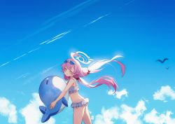 Rule 34 | 1girl, ahoge, bare shoulders, bikini, bird, blue-tinted eyewear, blue archive, blue sky, closed mouth, cloud, contrail, cowboy shot, eyewear on head, frilled bikini, frills, hair blowing, hair bobbles, hair ornament, halo, head tilt, heterochromia, highres, holding, hoshiko (419401x), hoshino (blue archive), hoshino (swimsuit) (blue archive), inflatable toy, inflatable whale, light blush, long hair, looking at viewer, low twintails, official alternate costume, outdoors, pink hair, sky, smile, solo, standing, summer, sunglasses, swimsuit, tinted eyewear, transparent, twintails, white bikini, wide shot, yellow eyes