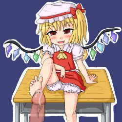 Rule 34 | 1girl, arm support, bare legs, barefoot, blonde hair, bloomers, blush, censored, commentary request, crystal, desk, fang, feet, flandre scarlet, foot out of frame, footjob, hat, leg lift, legs, looking at viewer, mob cap, mosaic censoring, naughty face, oekaki, open mouth, penis, precum, puffy short sleeves, puffy sleeves, sanzan, school desk, see-through, short sleeves, side ponytail, sitting, smile, soles, solo, toes, touhou, underwear, wings