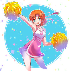 Rule 34 | 1girl, :d, arm up, armpits, bare arms, bare shoulders, blue eyes, blush, breasts, broken heart, broken heart print, cheerleader, cleavage, confetti, contrapposto, cropped legs, dress, headband, heart, heart print, highres, holding, iesupa, legs apart, looking at viewer, medium breasts, nora valkyrie, open mouth, orange hair, outstretched arm, pink dress, pom pom (cheerleading), rwby, short hair, side slit, sleeveless, sleeveless dress, smile, solo, standing, tareme, thighs