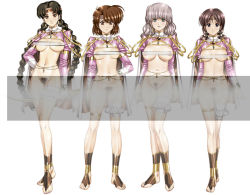 Rule 34 | 4girls, barefoot, barefoot sandals (jewelry), barubaresu no musume, belly chain, blue eyes, bottomless, bow (weapon), breastless clothes, breasts, breasts apart, brown eyes, brown hair, cape, censored, character request, female pubic hair, groin, hand on own hip, headband, jewelry, large breasts, legs, medium breasts, multiple girls, nipples, pointless censoring, ponytail, pubic hair, pussy, smile, toeless legwear, urushihara satoshi, weapon, white hair