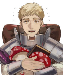 Rule 34 | 1boy, armor, blonde hair, book, brown eyes, dungeon meshi, happy aura, holding, holding mushroom, laios touden, male focus, melundago, mushroom, plate armor, short hair, simple background, smile, solo, white background