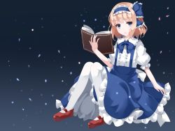 Rule 34 | 1girl, :o, alice margatroid, alice margatroid (pc-98), arm up, blonde hair, blue background, blue eyes, blue ribbon, blue skirt, book, commentary, expressionless, gradient background, hair ribbon, hairband, highres, holding, holding book, knees together feet apart, knees up, light particles, lolita hairband, looking at viewer, mary janes, nanatuki13, neck ribbon, open book, pantyhose, petticoat, puffy short sleeves, puffy sleeves, red footwear, ribbon, shirt, shoes, short hair, short sleeves, sitting, skirt, solo, suspender skirt, suspenders, touhou, touhou (pc-98), white pantyhose, white shirt