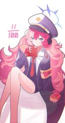 Rule 34 | 1girl, armband, black shirt, blue archive, book, halo, hat, iroha (blue archive), jacket, looking at viewer, military, military hat, military uniform, necktie, red hair, red necktie, safety pin, shirt, simple background, sitting, solo, tatara (alnath may), thighs, uniform, white background