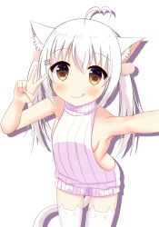 Rule 34 | 1girl, :q, ahoge, animal ear legwear, animal ears, backless dress, backless outfit, bad perspective, bare shoulders, blush, breasts, cat ear legwear, cat ears, cat girl, cat tail, commentary request, cowboy shot, dress, hair bobbles, hair ornament, hairclip, halterneck, hands up, heart, heart ahoge, highres, legs apart, long hair, looking at viewer, meme attire, naked sweater, no bra, original, reaching, reaching towards viewer, ribbed sweater, selfie, sideboob, simple background, sleeveless, sleeveless turtleneck, small breasts, smile, solo, sweater, sweater dress, tail, taking picture, thighhighs, tongue, tongue out, turtleneck, turtleneck sweater, twintails, v, virgin killer sweater, white background, white dress, white hair, white sweater, white thighhighs, xiaosamiao
