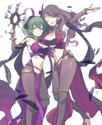 Rule 34 | 2girls, bracelet, breasts, brown hair, candelabra, candlestand, cleavage, dorothea arnault, female focus, fire, fire emblem, fire emblem: three houses, fire emblem heroes, green eyes, green hair, jewelry, large breasts, lene (fire emblem), long hair, matching hair/eyes, multiple girls, nail polish, navel, nintendo, one eye closed, purple fire, purple nails, smile, thighlet, wink