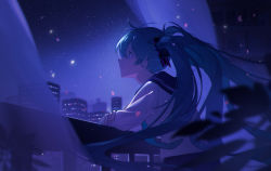 Rule 34 | 1girl, aqua eyes, aqua hair, balcony, black sailor collar, blouse, blue theme, blurry, blurry foreground, building, chinese commentary, commentary request, curtains, depth of field, hair lift, hanamoto410, hatsune miku, highres, long hair, looking outside, looking up, night, night sky, sailor collar, school uniform, serafuku, serious, shirt, sky, star (sky), starry sky, twintails, upper body, very long hair, vocaloid, white shirt, wind, wind lift