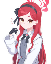 Rule 34 | 1girl, absurdres, aoi riko, black gloves, black ribbon, blue archive, blush, breasts, dress, gloves, grey dress, halo, highres, holding, holding own hair, jacket, long hair, looking at viewer, neck ribbon, notice lines, parted bangs, red hair, ribbon, simple background, small breasts, solo, swept bangs, takane (blue archive), upper body, very long hair, white background, white jacket