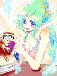 Rule 34 | 1boy, 1girl, aqua hair, blank eyes, blue eyes, blue shorts, commentary request, earrings, eating, fish hair ornament, giant, giantess, hair ornament, hat, jewelry, long hair, looking at another, monkey d. luffy, one piece, poking, red shirt, shell, shell earrings, shirahoshi, shirt, short hair, shorts, sidelocks, smile, straw hat, tokomoko