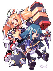 Rule 34 | 2girls, :d, ahoge, armpits, bail, blue eyes, blue hair, bow, brown hair, flail, hair bow, hair ornament, hair ribbon, hammer, holding, long hair, looking at viewer, mace, morning star, multiple girls, open mouth, original, red eyes, ribbon, ribbon-trimmed legwear, ribbon trim, shoes, simple background, smile, spiked mace, spikes, twintails, weapon, white background, white legwear