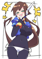 Rule 34 | 1girl, absurdres, aile (mega man zx), bikini, bikini bottom only, black bodysuit, blush, blush stickers, bodysuit, breasts, brown hair, buzzlyears, covered navel, cropped jacket, fangs, female focus, green eyes, heart, highres, jacket, large breasts, long hair, mega man (series), mega man zx, mega man zx advent, naughty face, open clothes, open jacket, ponytail, robot ears, smile, smug, swimsuit, white bikini