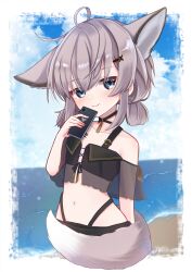 Rule 34 | 1girl, absurdres, ahoge, animal ears, arknights, beach, bikini, black bikini, black choker, blue eyes, blue sky, blush, border, cellphone, choker, cloud, cloudy sky, day, extra ears, flat chest, fox ears, fox girl, fox tail, highres, holding, holding phone, looking at viewer, low twintails, material growth, navel, ocean, official alternate costume, oripathy lesion (arknights), outdoors, phone, sand, short twintails, sky, smartphone, smile, solo, stomach, sussurro (arknights), sussurro (summer flower) (arknights), swimsuit, tail, twintails, water, white border, yokuto