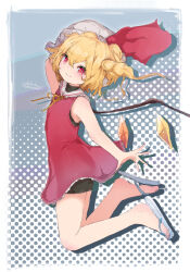 Rule 34 | 1girl, bat wings, blonde hair, crystal, dress, flandre scarlet, from side, full body, highres, kabochamaronpie, medium hair, neck ribbon, red dress, red eyes, ribbon, sandals, shorts, side ponytail, smile, solo, touhou, wings, yellow ribbon