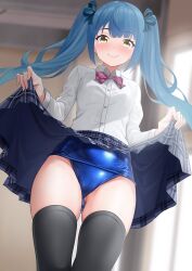 Rule 34 | 1girl, blue hair, blurry, blurry background, breasts, character request, copyright request, dorachan r, gluteal fold, highres, indoors, lifting own clothes, long sleeves, looking at viewer, one-piece swimsuit, school swimsuit, school uniform, shirt, small breasts, solo, swimsuit, swimsuit under clothes, thighhighs, twintails, white shirt, window, yellow eyes