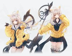 Rule 34 | absurdres, ahoge, animal ears, arknights, baggy clothes, black shirt, black skirt, blonde hair, boots, breasts, cardigan, cat ears, floaitng hair, gradient hair, hair ornament, hairclip, has bad revision, has downscaled revision, heterochromia, highres, holding, holding weapon, huge filesize, knee boots, long hair, md5 mismatch, multicolored hair, multiple views, nightmare (arknights), off shoulder, one eye closed, original, pleated skirt, resolution mismatch, shirt, skirt, sleeves past wrists, small breasts, snow is, source smaller, sweater, thighhighs, twitter username, weapon, white hair, wind, yellow sweater