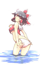 Rule 34 | 1girl, adapted costume, adjusting clothes, adjusting swimsuit, ascot, ass, bad id, bad pixiv id, bare shoulders, bikini, black hair, blush, bow, breasts, covered erect nipples, cowboy shot, hair bow, hair tubes, hakurei reimu, highres, looking at viewer, looking back, medium breasts, non (z-art), partially submerged, red eyes, short hair, side-tie bikini bottom, simple background, solo, swimsuit, touhou, underboob, wading, water, white background, white bikini