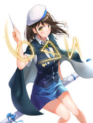Rule 34 | 1girl, absurdres, arm up, beret, black hair, blue skirt, blue vest, breasts, cape, drawing on fourth wall, dress shirt, feet out of frame, from above, gloves, hair blowing, hat, highres, light trail, looking at viewer, looking up, medium breasts, medium hair, necktie, original, qoray7, shirt, short sleeves, simple background, single glove, sitting, sitting on object, skirt, smile, solo, sparkle, striped necktie, striped neckwear, two-tone cape, vest, wand, white background, white gloves, white shirt, writing, yellow eyes