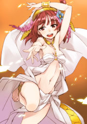 Rule 34 | 1girl, :d, anklet, barefoot, bracelet, breasts, cleavage, dancing, feet, flower, hair flower, hair ornament, highres, jewelry, magi the labyrinth of magic, matsuryuu, morgiana, navel, o-ring, o-ring top, open mouth, red eyes, red hair, small breasts, smile, solo, toes