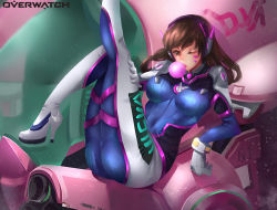 Rule 34 | 1girl, ;), animal print, arm cannon, arm support, armor, ass, bad id, bad pixiv id, bodysuit, boots, breasts, breasts apart, brown eyes, brown hair, blowing bubbles, character name, chewing gum, copyright name, ctrlz77, d.va (overwatch), facepaint, facial mark, gatling gun, gloves, gun, hand on leg, headphones, high collar, high heel boots, high heels, highres, large breasts, leg lift, leg up, legs up, long hair, looking at viewer, mecha, meka (overwatch), one eye closed, overwatch, overwatch 1, pilot suit, rabbit, rabbit print, robot, shoulder pads, sitting, skin tight, smile, solo, swept bangs, thigh boots, thighhighs, turtleneck, weapon, whisker markings, white footwear, white gloves, white heels, white thighhighs