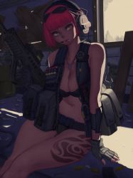 Rule 34 | 1girl, arm at side, arm support, assault rifle, asymmetrical gloves, backlighting, bad id, bad pixiv id, bag, bare shoulders, between breasts, bikini, black bikini, blunt bangs, boarded windows, bob cut, breasts, buckle, bullet, bullpup, bypos, cable, candy, cleavage, debris, eotech, eyelashes, eyewear on head, finger on trigger, fingerless gloves, food, food in mouth, glasses, gloves, gun, headphones, headset, highres, holding, holding gun, holding weapon, iwi tavor, large breasts, leg tattoo, load bearing vest, lollipop, looking at viewer, magazine (weapon), microphone, mole, mole under eye, mouth hold, navel, original, pink hair, pink lips, plank, rifle, shade, shell casing, short hair, sitting, sleeveless, snap-fit buckle, solo, stomach, sunglasses, swimsuit, tattoo, thigh gap, tools, uneven gloves, unzipped, weapon, window, wood, wrench, yellow eyes