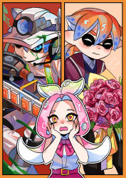 Rule 34 | 1boy, 1girl, absurdres, blue eyes, blue hair, blush, border, bouquet, chinese commentary, citrusplatsoda, closed eyes, closed mouth, colored tips, commentary request, flower, green hair, grizzco splatana (splatoon), hands on own face, heart, heart-shaped pupils, highres, holding, holding bouquet, inkling, inkling boy, inkling player character, long hair, mining helmet, multicolored hair, multiple views, nintendo, octoling, octoling girl, octoling player character, open mouth, orange border, orange hair, outside border, pink flower, pink hair, pink rose, pointy ears, red background, rose, short hair, splatoon (series), symbol-shaped pupils, tentacle hair, topknot, two-tone hair, wavy mouth, white background, yellow eyes