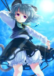 Rule 34 | 1girl, :3, animal ears, bloomers, blue sky, cloud, day, dowsing rod, grey hair, iris anemone, jewelry, long sleeves, looking up, mouse ears, mouse tail, nazrin, necklace, outstretched arm, red eyes, shirt, short hair, skirt, skirt set, sky, smile, solo, sun, sunlight, tail, touhou, underwear, upskirt, vest