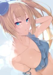 Rule 34 | 1girl, 7zu7, arm at side, arm ribbon, arm up, asymmetrical clothes, bare arms, bare shoulders, bikini, blonde hair, blue bikini, blue eyes, blue hat, blue ribbon, breasts, cleavage, collarbone, commentary request, hat, highres, lens flare, long hair, looking at viewer, medium breasts, mini hat, mirai akari, mirai akari project, off shoulder, parted lips, ribbon, side ponytail, single-shoulder bikini, smile, solo, swimsuit, upper body, virtual youtuber