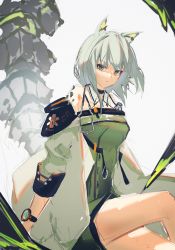 Rule 34 | 1girl, animal ear fluff, animal ears, arknights, bare shoulders, black choker, cat ears, cat girl, choker, dress, green dress, green eyes, green hair, highres, kal&#039;tsit (arknights), long hair, material growth, mon3tr (arknights), off-shoulder jacket, off shoulder, oripathy lesion (arknights), parted lips, rinne0611, sleeveless, sleeveless dress, solo, stethoscope, watch, white background, wristwatch