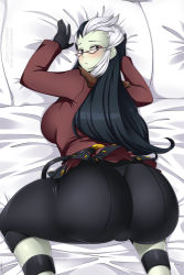 Rule 34 | 1girl, ass, bed, black hair, blush, breasts, from behind, glasses, gloves, huge ass, large breasts, lindaroze, long hair, looking at viewer, looking back, multicolored hair, original, pants, red eyes, shiny clothes, sideboob, skin tight, solo, top-down bottom-up, two-tone hair, very long hair, white hair