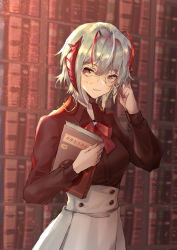 Rule 34 | 1girl, absurdres, adjusting eyewear, antennae, arknights, black shirt, book, bookshelf, bow, bowtie, buttons, collared shirt, commentary request, cowboy shot, dafenpipixia, glasses, hands up, highres, holding, holding book, indoors, light particles, long sleeves, looking at viewer, orange eyes, parted lips, red bow, red bowtie, shirt, short hair, silver hair, skirt, solo, sunlight, w (arknights), white skirt