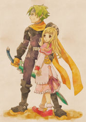 Rule 34 | 1boy, 1girl, ahoge, armor, aura (wild arms), blonde hair, bodysuit, boots, bow, brown eyes, couple, dress, fang, full body, gloves, green hair, hair ornament, hairpin, headband, hetero, kei (inu no ura), knee boots, long hair, messy hair, pauldrons, ribbon, scarf, short hair, shoulder armor, sidelocks, simple background, smile, sword, weapon, wild arms, wild arms 1, yellow eyes, zed (wild arms)