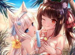 Rule 34 | ;q, animal ear fluff, animal ears, bare shoulders, beach, between breasts, blue eyes, blunt bangs, breasts, brown hair, cat ears, cat girl, chinese commentary, chocola (nekopara), collarbone, commentary request, day, eyes visible through hair, flower, food, frilled swimsuit, frills, hair flower, hair ornament, hair ribbon, hairband, hairclip, highres, jiang xin, licking, long hair, low twintails, medium breasts, nekopara, one eye closed, open mouth, outdoors, popsicle, red eyes, ribbon, sexually suggestive, slit pupils, strap slip, swimsuit, tongue, tongue out, twintails, v-shaped eyebrows, vanilla (nekopara), w, white hair