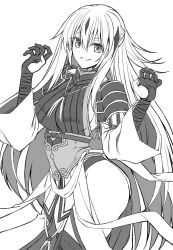 Rule 34 | 1girl, armor, breasts, commentary request, cowboy shot, fate/grand order, fate (series), greyscale, hair between eyes, highres, kiriya (aprikose 0312), large breasts, long hair, long sleeves, looking at viewer, monochrome, nagao kagetora (fate), simple background, smile, solo, standing, thighhighs, very long hair, white background