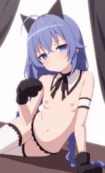 Rule 34 | 1girl, ahoge, animal ears, animal hands, arm support, backlighting, blue eyes, blue hair, blush, braid, breasts, cat ears, crossed bangs, curtains, detached collar, female focus, frills, gloves, leaning to the side, looking at viewer, mushoku tensei, navel, nipples, paw gloves, paw pose, roxy migurdia, single braid, small breasts, solo, thighhighs, topless, white thighhighs, yagita22