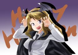 Rule 34 | 1girl, abimaru gup, absurdres, text background, black cape, black wings, blonde hair, blue eyes, cape, center frills, claw pose, commentary, demon wings, dress shirt, english text, fake head wings, fangs, fingernails, frills, girls und panzer, gradient background, hair intakes, halloween, halloween costume, happy halloween, highres, kay (girls und panzer), long hair, long sleeves, looking at viewer, open mouth, purple background, sharp fingernails, shirt, smile, solo, upper body, white shirt, wing collar, wings