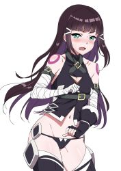 Rule 34 | 1girl, aqua eyes, arm belt, bandaged arm, bandages, black panties, black thighhighs, black vest, blunt bangs, blush, breasts, brown hair, buckle, cleavage, cleavage cutout, clothing cutout, collarbone, contrapposto, cosplay, cowboy shot, elbow gloves, fate (series), fingerless gloves, gloves, hair ornament, hairclip, highres, jack the ripper (fate/apocrypha), jack the ripper (fate/apocrypha) (cosplay), kurosawa dia, looking at viewer, love live!, love live! sunshine!!, medium breasts, multicolored hair, navel, no pants, nose blush, open mouth, panties, panye, purple hair, shoulder tattoo, sidelocks, simple background, single elbow glove, single fingerless glove, single glove, small breasts, solo, standing, stomach, tattoo, thighhighs, thighs, two-tone hair, underwear, v-shaped eyebrows, vest, white background