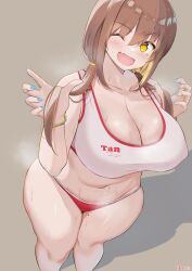 Rule 34 | 1girl, :d, aymusk, bikini, blonde hair, blush, bra, bracelet, breasts, brown background, brown hair, buruma, cleavage, collarbone, colored inner hair, commentary request, fang, hair between eyes, highres, jewelry, large breasts, legs together, long hair, looking at viewer, mole, mole on thigh, mole under eye, multicolored hair, navel, one eye closed, open mouth, original, plump, red bikini, simple background, smile, solo, sports bikini, sports bra, standing, steam, sweat, swimsuit, track uniform, twintails, two-tone hair, underwear, white bra, yellow eyes