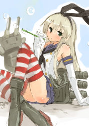Rule 34 | 10s, 1girl, :3, :o, anchor hair ornament, ankle boots, armpits, bare shoulders, black neckerchief, black ribbon, blonde hair, blue skirt, blush, body blush, boots, buttons, cannon, crossed legs, elbow gloves, expressionless, full body, gloves, green eyes, grey footwear, hair ornament, hair ribbon, hairband, kantai collection, long hair, looking at viewer, machinery, miniskirt, neckerchief, parted lips, pleated skirt, rensouhou-chan, ribbon, robot, shimakaze (kancolle), shirt, sketch, skirt, sleeveless, sleeveless shirt, soap bubbles, sonjow4, striped clothes, striped thighhighs, tareme, thighhighs, turret, very long hair, white gloves, white shirt, zettai ryouiki