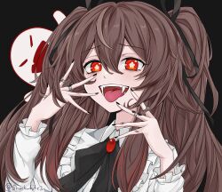 Rule 34 | 1girl, absurdres, black background, black ribbon, boo tao (genshin impact), brown hair, collared shirt, fangs, flower-shaped pupils, frilled shirt, frills, gem, genshin impact, ghost, hair ribbon, hands up, highres, hu tao (genshin impact), jewelry, long sleeves, looking at viewer, multiple rings, neck ribbon, open mouth, portrait, red gemstone, ribbon, ring, shirt, shockwhite3, simple background, solo, symbol-shaped pupils, teeth, thumb ring, tongue, tongue out, twintails, twitter username, white shirt