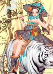 Rule 34 | 1girl, animal, artist name, bare shoulders, beoseon, braid, breasts, cleavage, copyright notice, crown braid, dress, floral print, gache, hair ornament, hair ribbon, hair stick, high heels, holding, holding smoking pipe, jeonmo, kiseru, korean clothes, light smile, long hair, looking at viewer, million arthur (series), nayoung wooh, official art, pointy footwear, ribbon, smoking, smoking pipe, strapless, strapless dress, tiger
