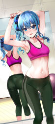 Rule 34 | 1girl, :d, absurdres, armpits, arms up, ass, black pants, blue eyes, blue hair, blush, breasts, cleavage, commentary request, crop top, hair between eyes, highres, hololive, hoshimachi suisei, jpeg artifacts, leggings, linea alba, long hair, looking at viewer, midriff, mirror, navel, open mouth, pants, pantylines, pukara, reflection, ribbon, side ponytail, small breasts, smile, solo, sports bra, star (symbol), star in eye, stretching, sweat, symbol in eye, virtual youtuber, yoga pants
