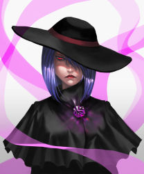 Rule 34 | 1girl, black dress, bob cut, breasts, brooch, capelet, cmy, dress, frown, hair over one eye, hat, hat over one eye, jewelry, lipstick, makeup, nagae iku, nose, red eyes, serious, shawl, simple background, solo, touhou, white background