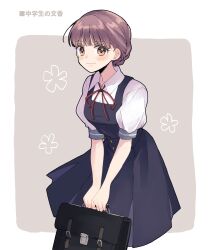 Rule 34 | 1girl, black dress, blue dress, blunt bangs, blush, bow, bowtie, braid, breasts, briefcase, brown eyes, closed mouth, collared shirt, dress, feet out of frame, french braid, grey background, grey hair, highres, holding, holding briefcase, looking at viewer, pinafore dress, puffy short sleeves, puffy sleeves, red bow, red bowtie, school uniform, seto taichi, shirt, short sleeves, sleeveless, sleeveless dress, smile, solo, teruya fumika, updo, v arms, white background, white shirt, world trigger