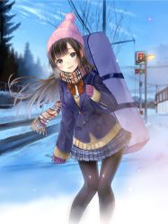Rule 34 | 1girl, bad id, bad twitter id, bag, beanie, black hair, black pantyhose, blazer, blue sky, blunt bangs, bow, breath, brown eyes, brown hair, buttons, coat, day, fringe trim, gloves, hanekoto, hat, highres, holding strap, instrument case, jacket, knees together feet apart, lamppost, leaning to the side, legs together, long hair, long sleeves, looking at viewer, matching hair/eyes, open mouth, original, outdoors, pantyhose, pink gloves, plaid, plaid scarf, plaid skirt, pleated skirt, red bow, road, scarf, school uniform, shirt, signpost, skirt, sky, sleeves past wrists, smile, snow, solo, star (sky), sweater, thigh gap, tree, winter, winter clothes