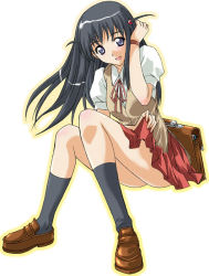 Rule 34 | 00s, 1girl, black socks, briefcase, full body, long hair, looking at viewer, mikage nao, pleated skirt, red skirt, school briefcase, school rumble, shoes, short sleeves, short twintails, simple background, sitting, skirt, socks, solo, tsukamoto tenma, twintails, two side up, white background